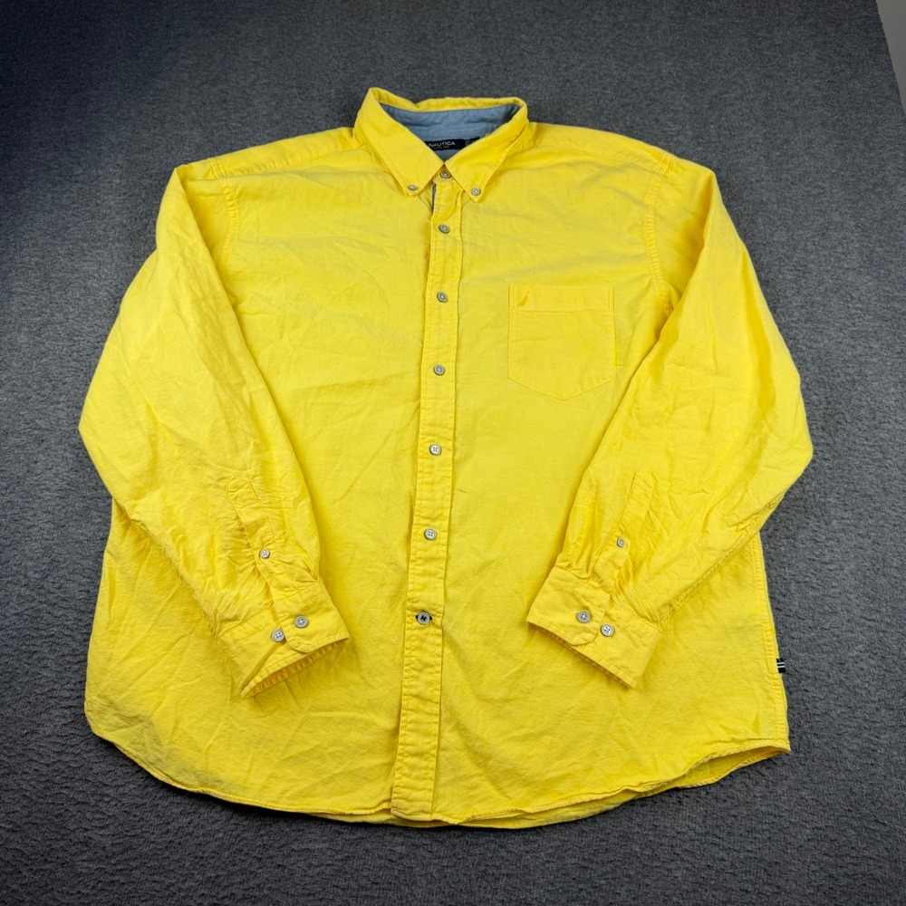 Nautica Button Down Shirt Men's XXL Yellow Long Sleeve Cotton Oxford Pocket